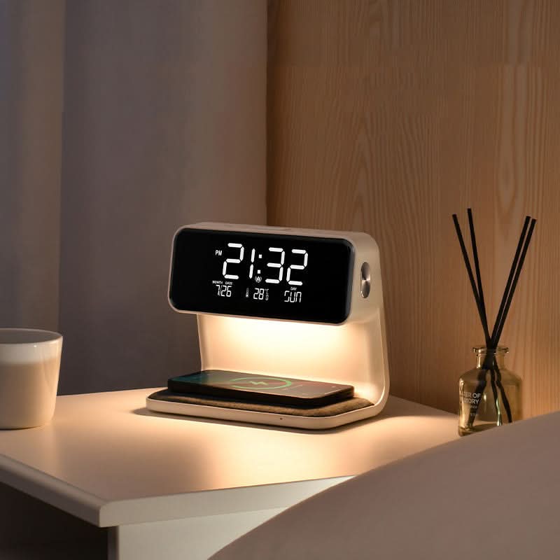 Sveglia 3-in-1 LCD | Stazione di ricarica wireless | Lampada LED dimmerabile | Deskova