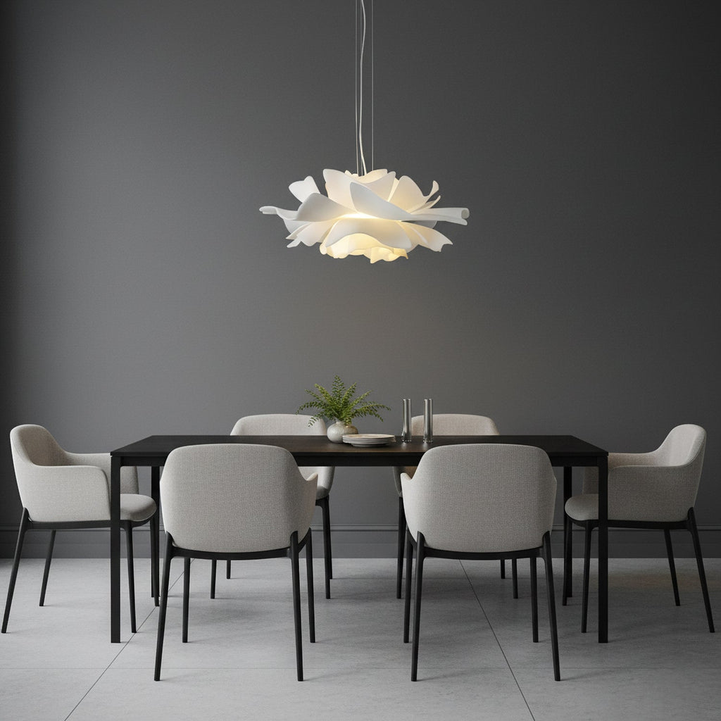 Nerovia | Sospensione Moderna con Fiore Bianco e Luce Ambientale Morbida