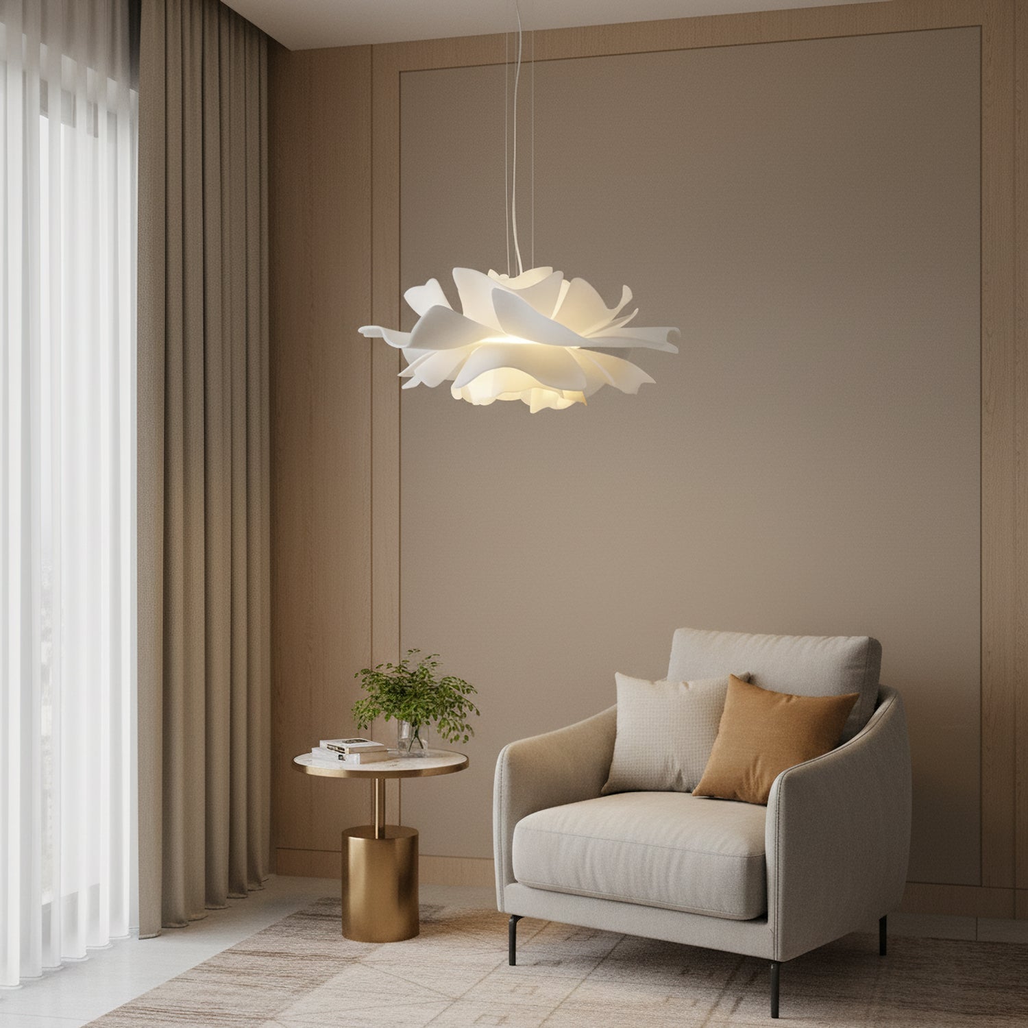 Nerovia | Sospensione Moderna con Fiore Bianco e Luce Ambientale Morbida