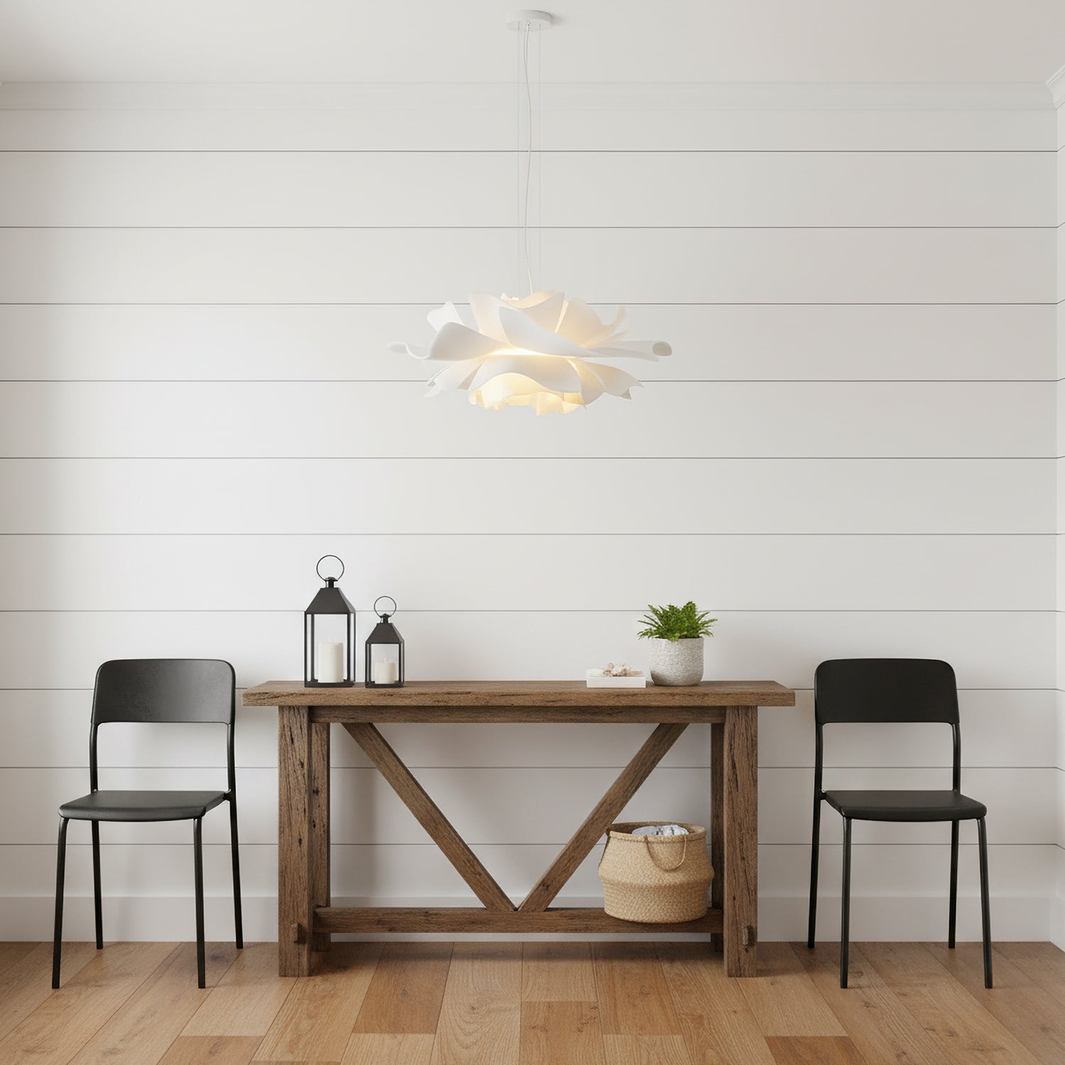 Nerovia | Sospensione Moderna con Fiore Bianco e Luce Ambientale Morbida