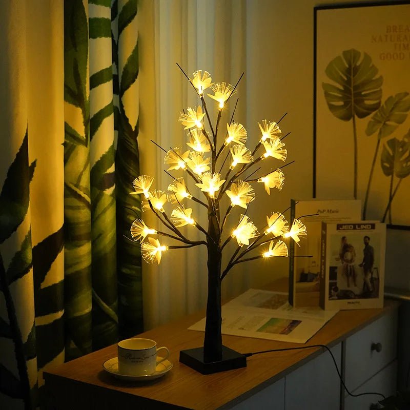 BloomAura – Lampada da tavolo a forma di albero fiorito con illuminazione bianca calda e alimentazione USB/batteria