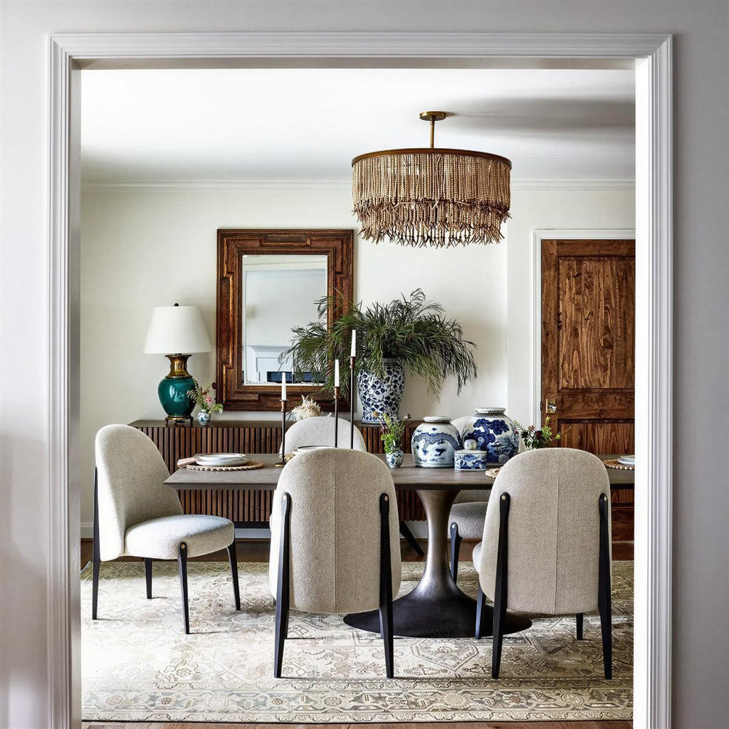 Lampadario Boho in Perline di Legno con Design a Paralume a Tamburo