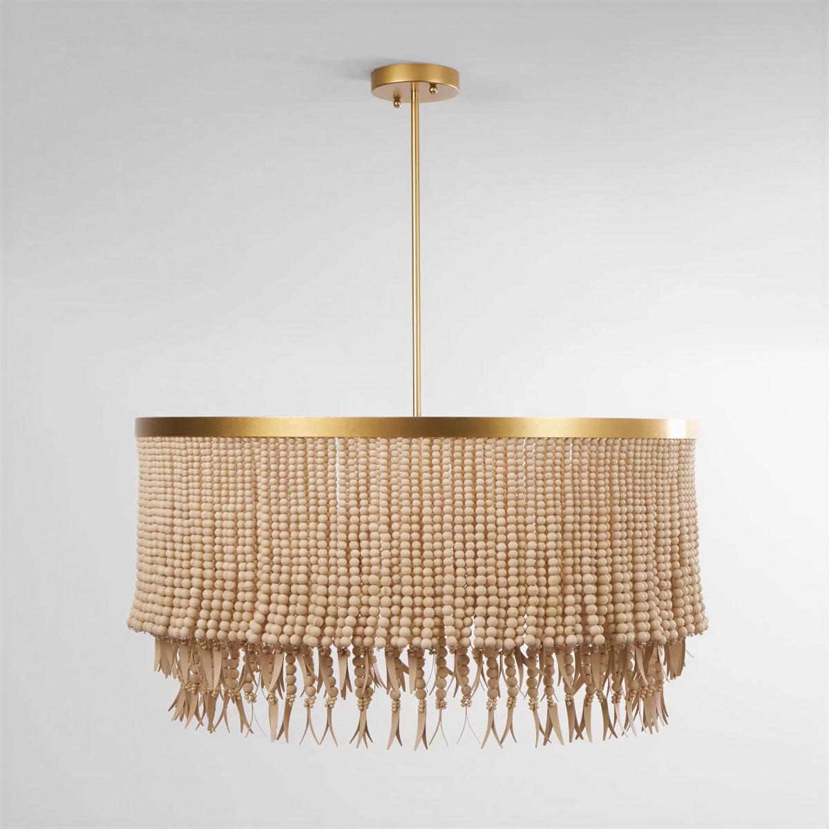 Lampadario Boho in Perline di Legno con Design a Paralume a Tamburo