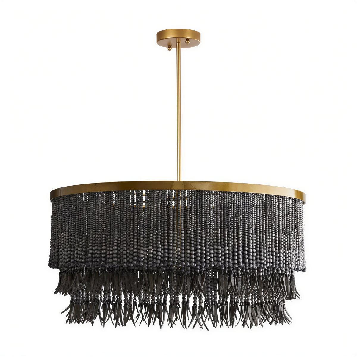 Lampadario Boho in Perline di Legno con Design a Paralume a Tamburo