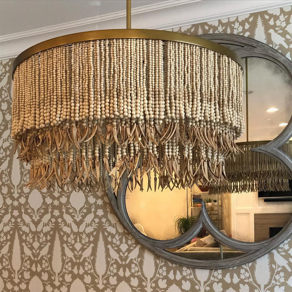 Lampadario Boho in Perline di Legno con Design a Paralume a Tamburo