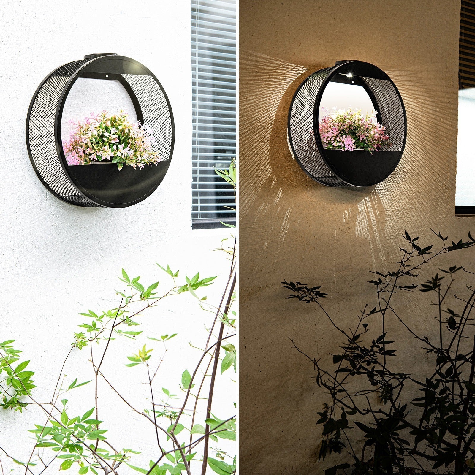 Lanterna da Parete Solare da Esterno con Vaso di Fiori Integrato e Sensore di Luce