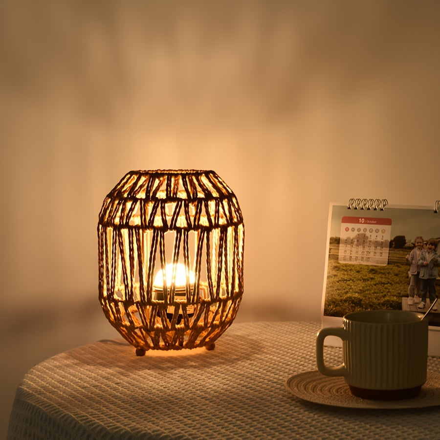 Lampada da Tavolo Bohemien in Rattan – Accento di Luce Fatta a Mano per Camera da Letto o Soggiorno