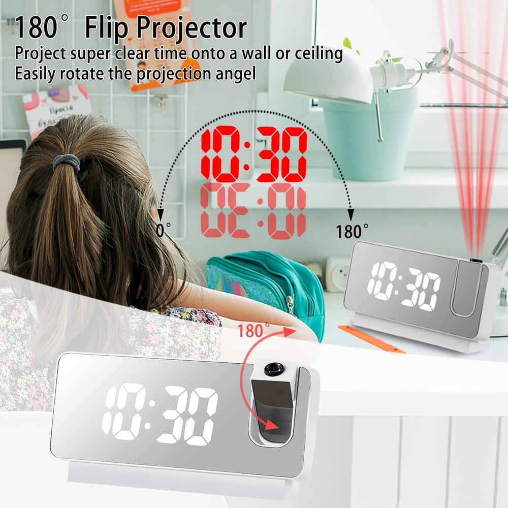 Orologio Sveglia Proiettore | Display LED con Superficie a Specchio | Doppie Sveglie & Temperatura | 19cm