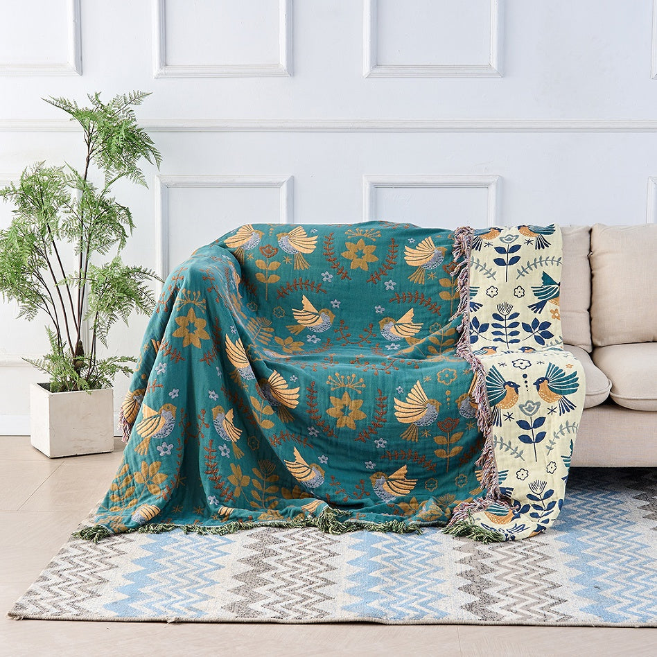 Coperta Reversibile Scandinava con Uccelli | Coperta in Cotone 100%