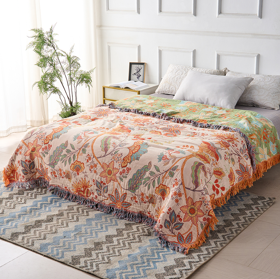 Coperta in Cotone Boho Florale con Frange – Crema e Arancione