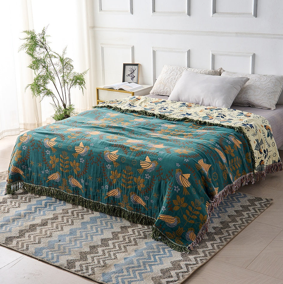 Coperta Reversibile Scandinava con Uccelli | Coperta in Cotone 100%