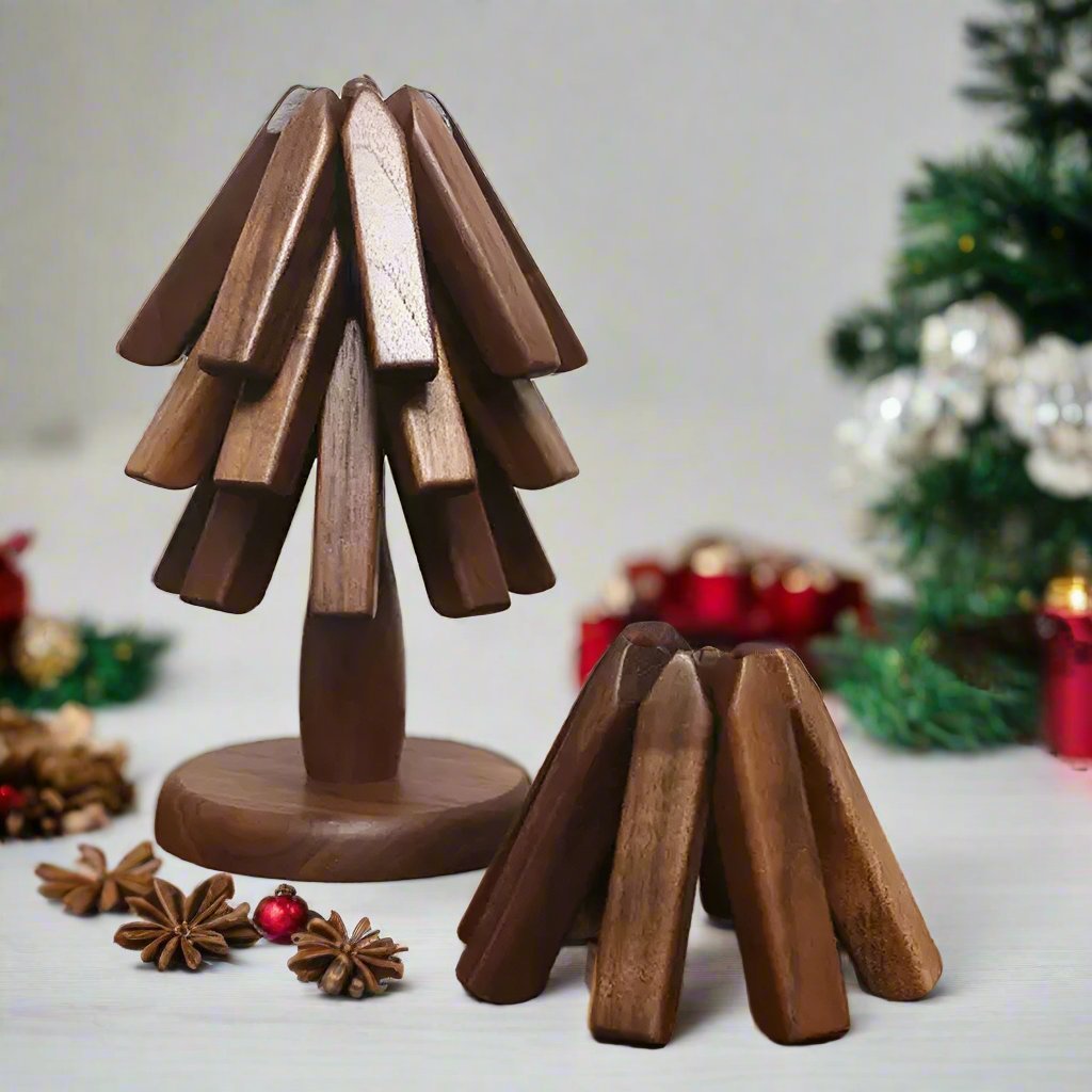 Sottopentola Pieghevole in Noce Nero – Coaster per Albero di Natale e Decorazioni da Cucina