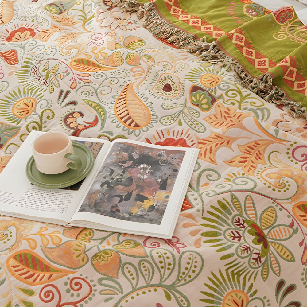 Coperta Reversibile Boho con Foglia d'Autunno