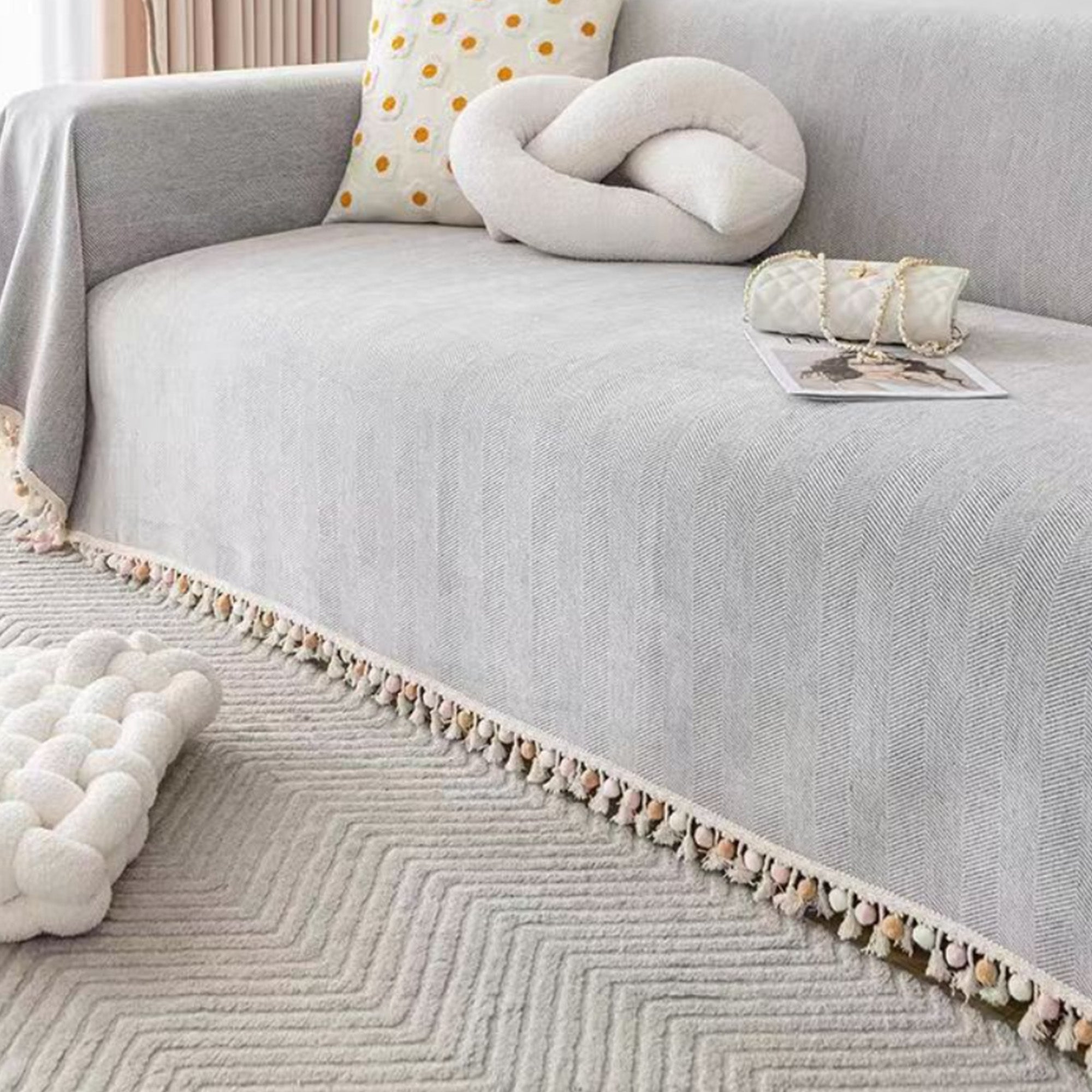 Pet Friendly Herringbone Tassel Sofa Cover with Boho Style