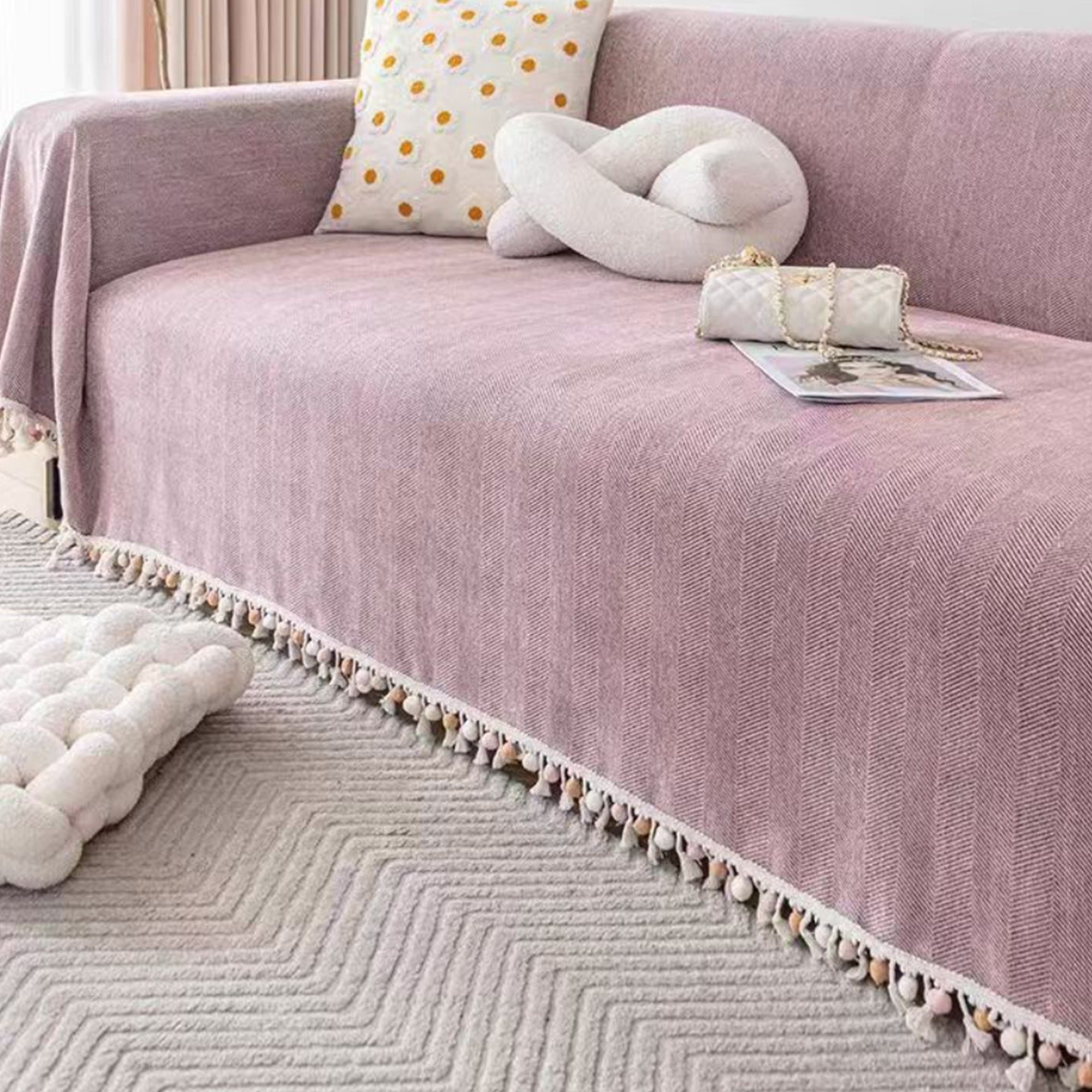 Pet Friendly Herringbone Tassel Sofa Cover with Boho Style