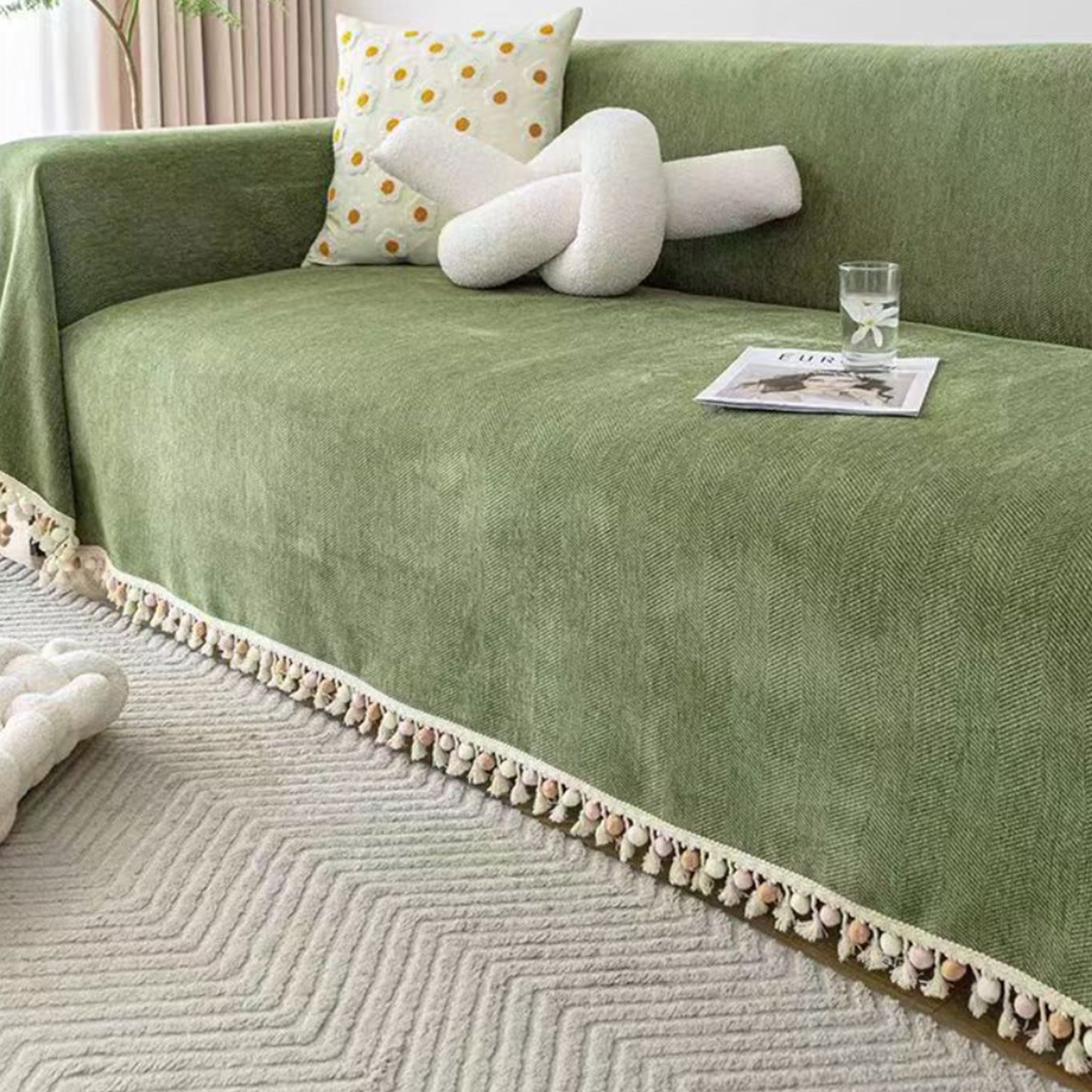 Pet Friendly Herringbone Tassel Sofa Cover with Boho Style