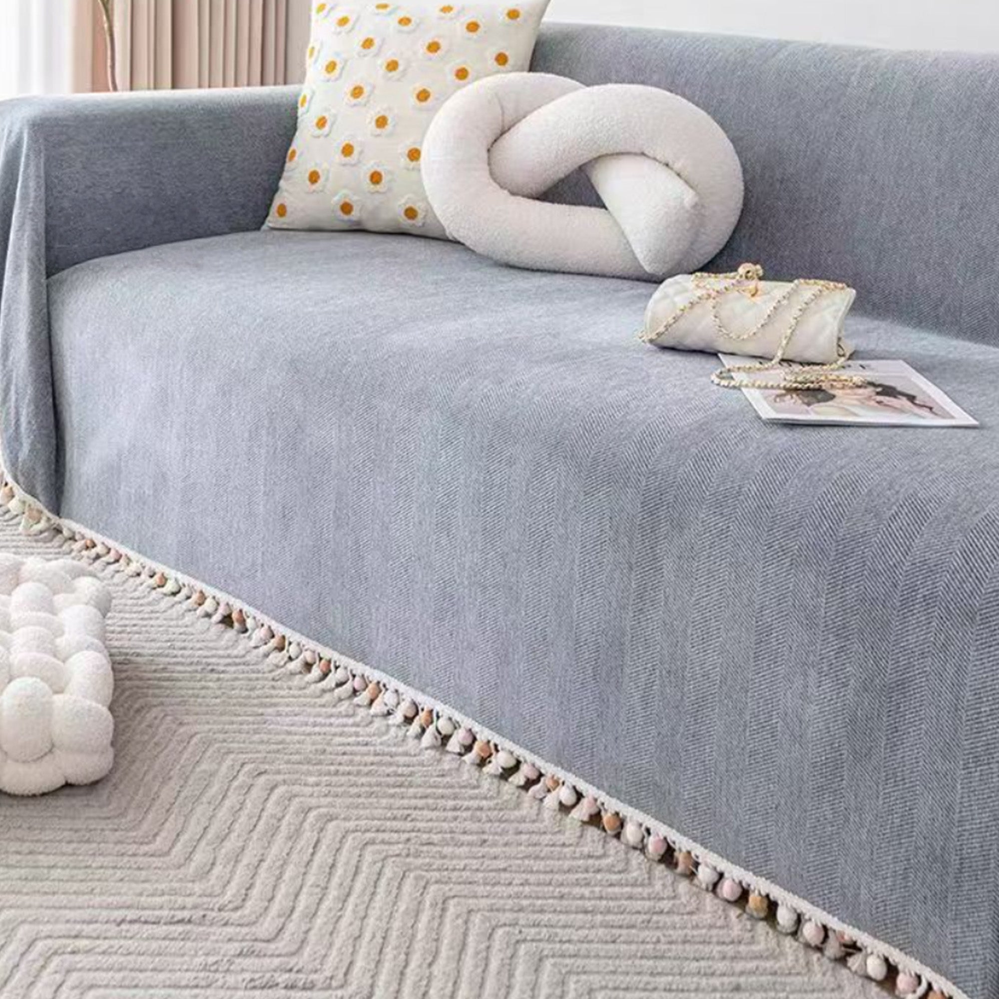 Pet Friendly Herringbone Tassel Sofa Cover with Boho Style