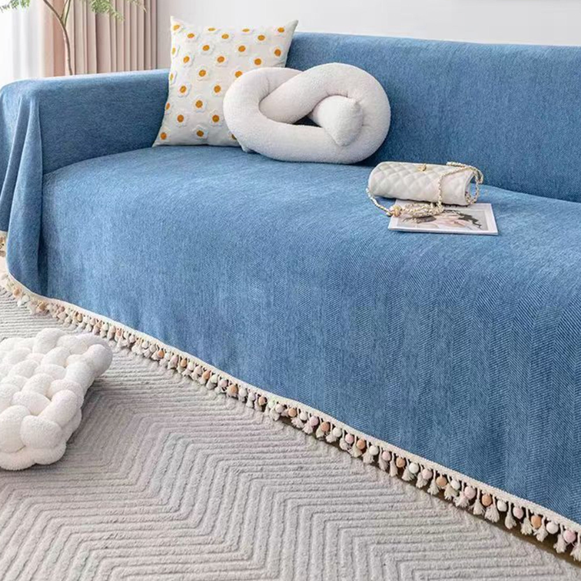 Pet Friendly Herringbone Tassel Sofa Cover with Boho Style