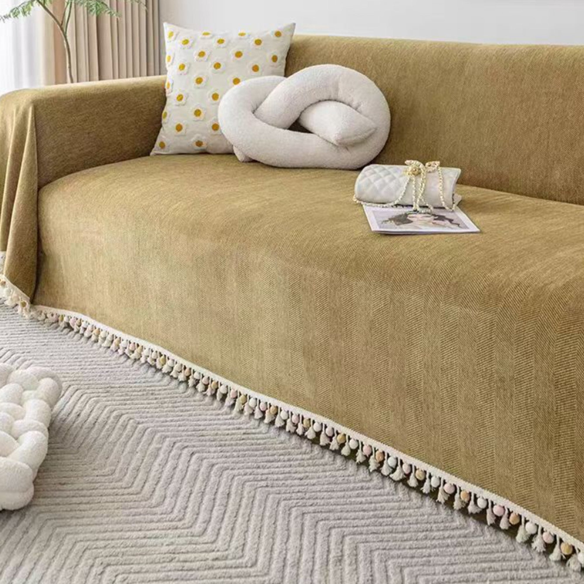 Pet Friendly Herringbone Tassel Sofa Cover with Boho Style
