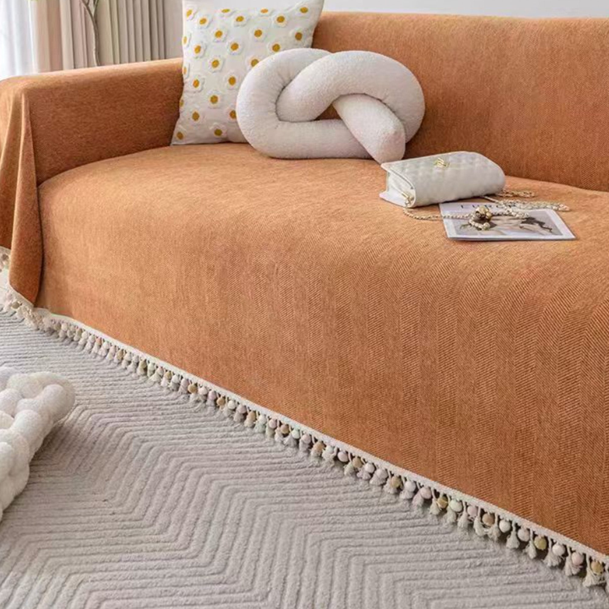 Pet Friendly Herringbone Tassel Sofa Cover with Boho Style
