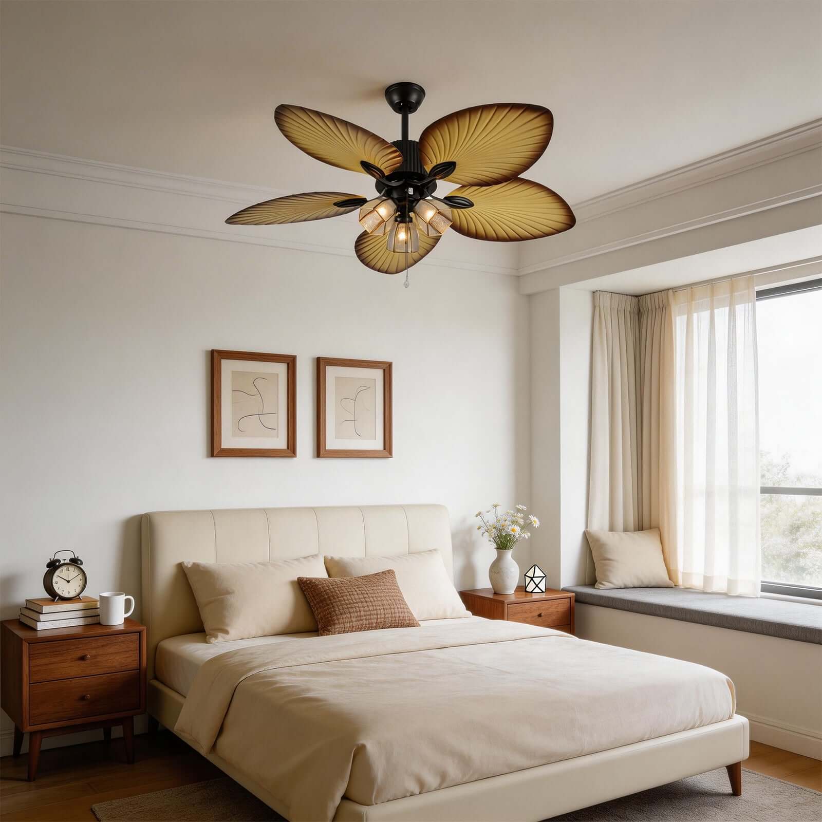 Bunai | Ventilatore da soffitto da 132 cm con paralume in vetro e attacco per lampadina E27, telecomando a 6 velocità per soggiorno