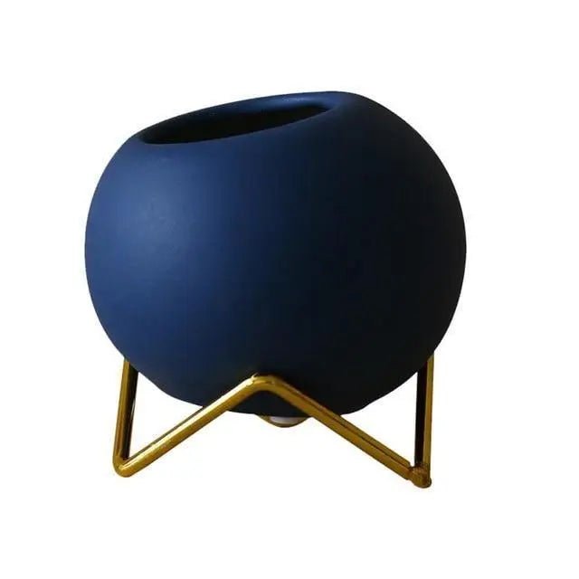 Avelionne | Vaso in Ceramica Scandinava con Supporto in Metallo Blu Scuro, Oro e Rosso Arancio per Uso Interno