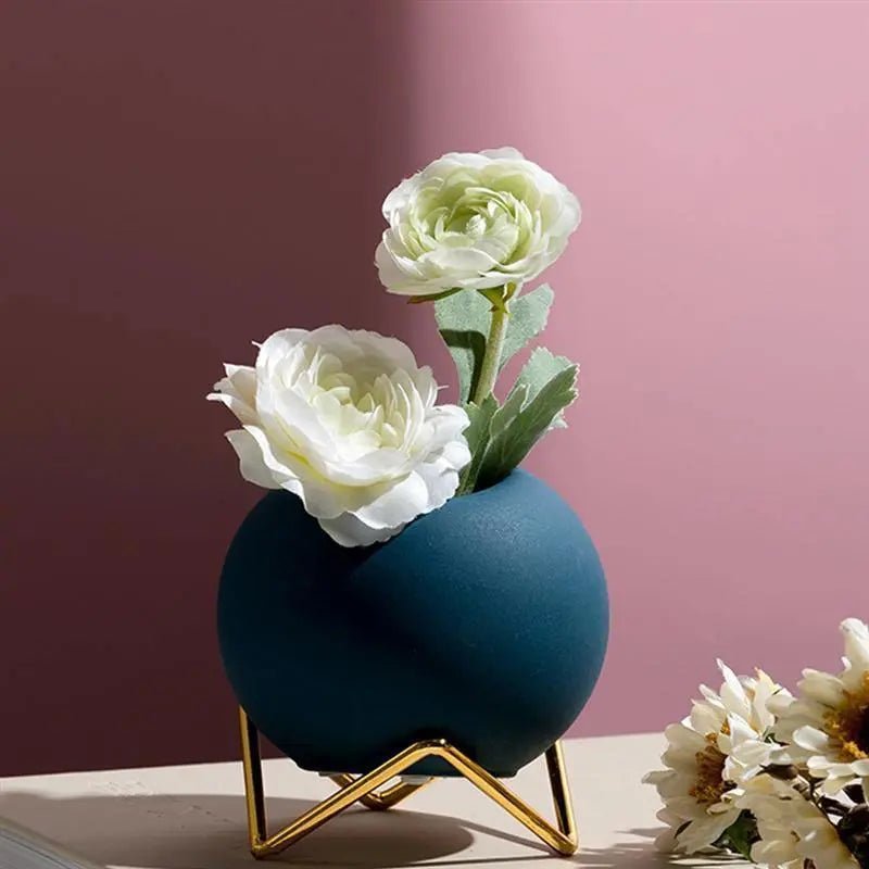 Avelionne | Vaso in Ceramica Scandinava con Supporto in Metallo Blu Scuro, Oro e Rosso Arancio per Uso Interno