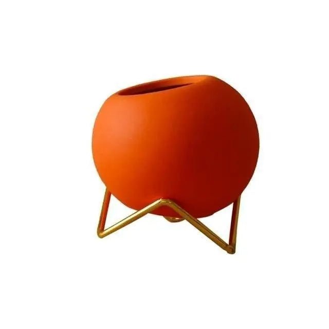 Avelionne | Vaso in Ceramica Scandinava con Supporto in Metallo Blu Scuro, Oro e Rosso Arancio per Uso Interno