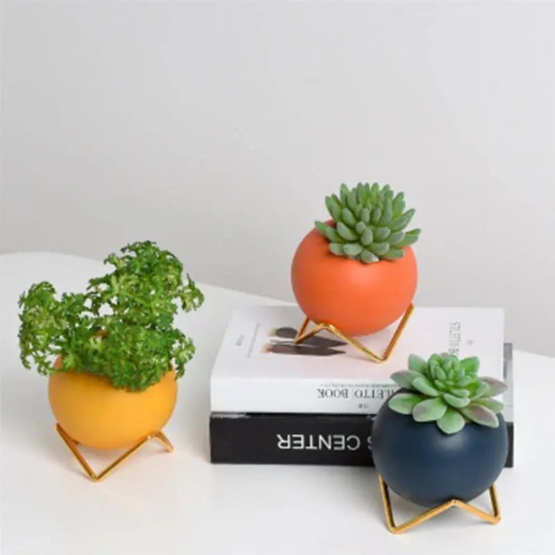 Avelionne | Vaso in Ceramica Scandinava con Supporto in Metallo Blu Scuro, Oro e Rosso Arancio per Uso Interno