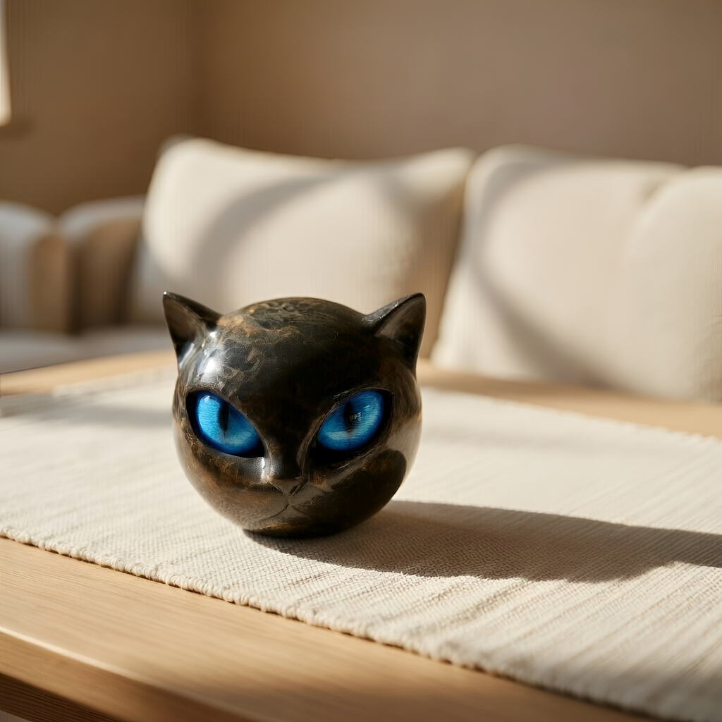 Asher - Statuetta a forma di testa di gatto in resina nera con finitura effetto marmo