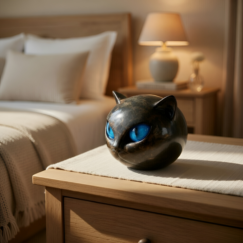 Asher - Statuetta a forma di testa di gatto in resina nera con finitura effetto marmo