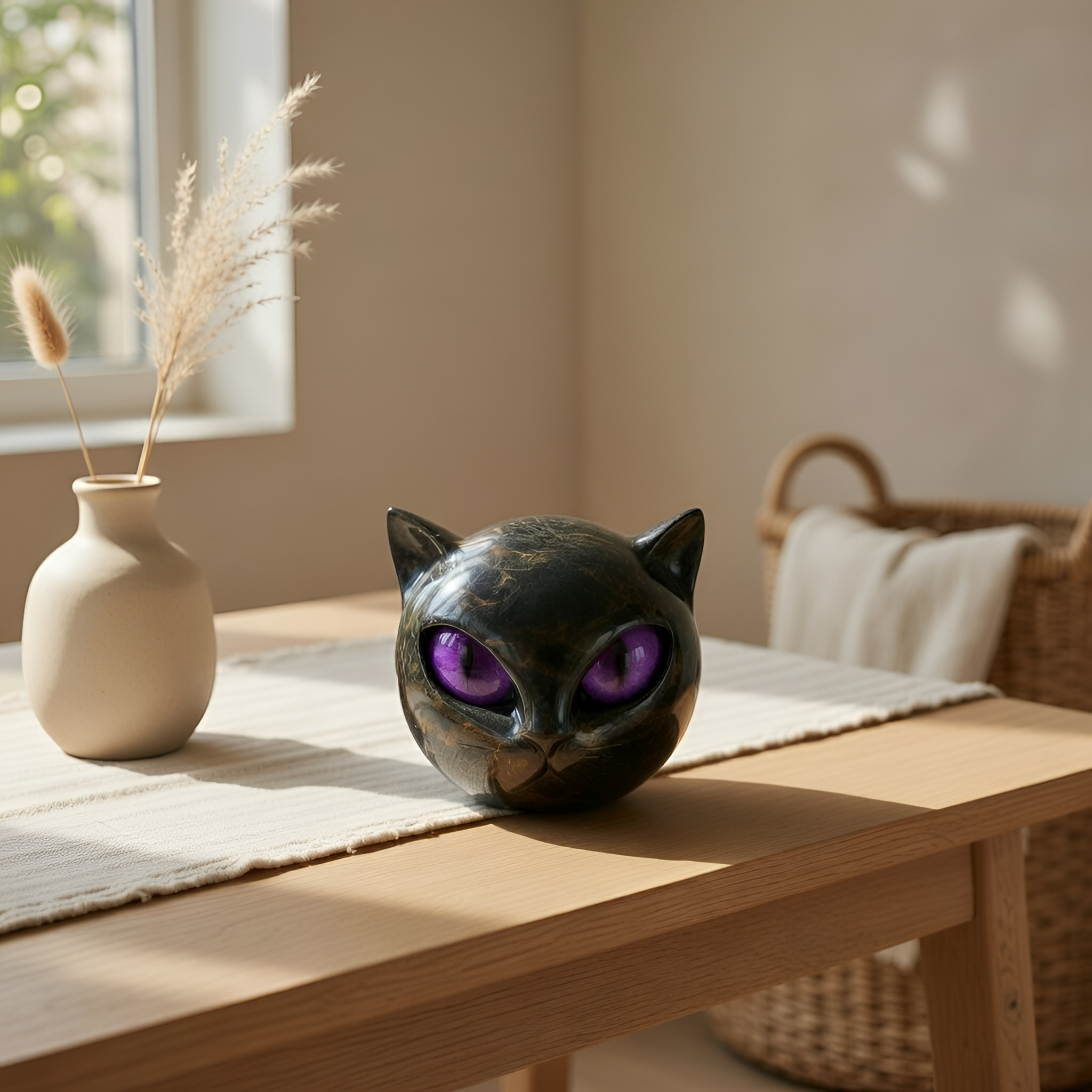 Asher - Statuetta a forma di testa di gatto in resina nera con finitura effetto marmo