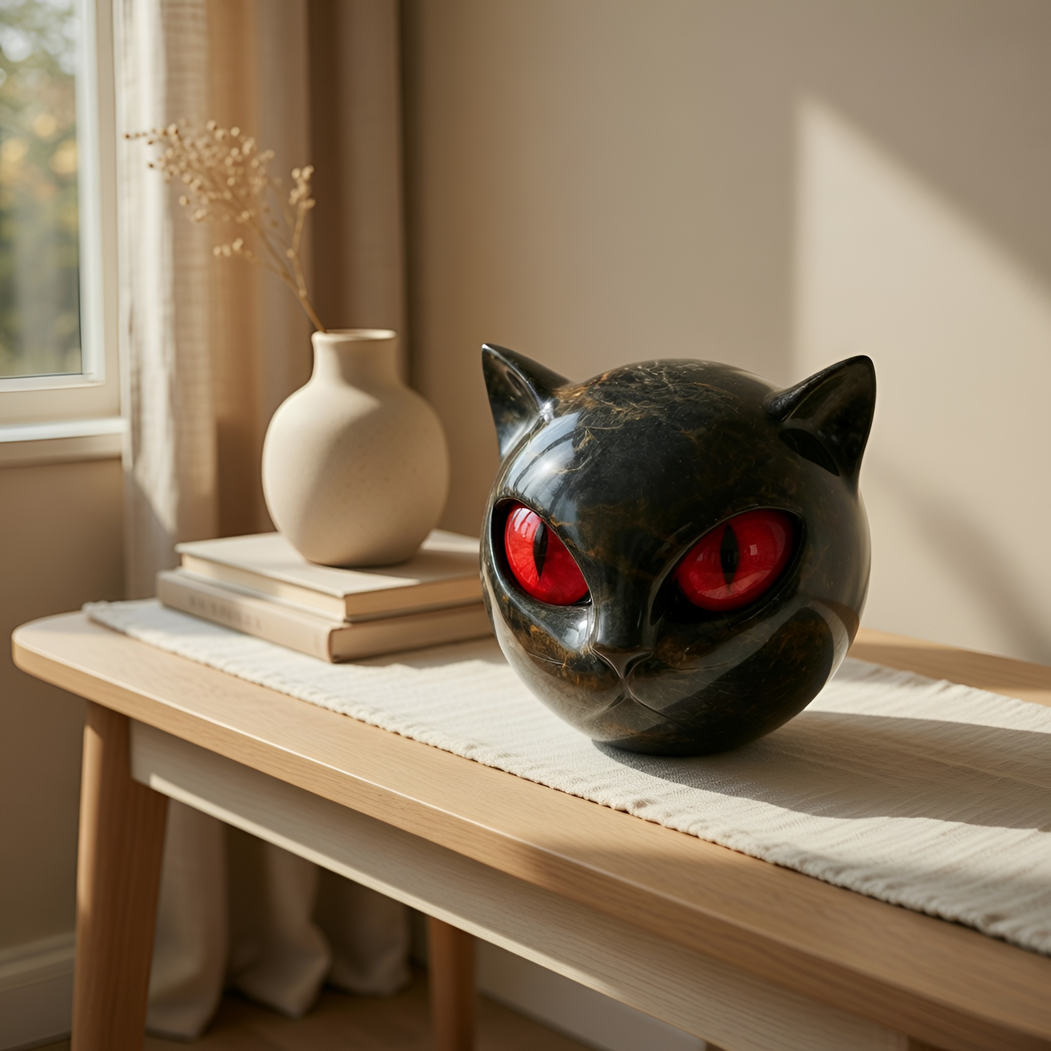 Asher - Statuetta a forma di testa di gatto in resina nera con finitura effetto marmo