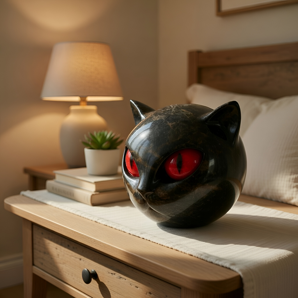 Asher - Statuetta a forma di testa di gatto in resina nera con finitura effetto marmo