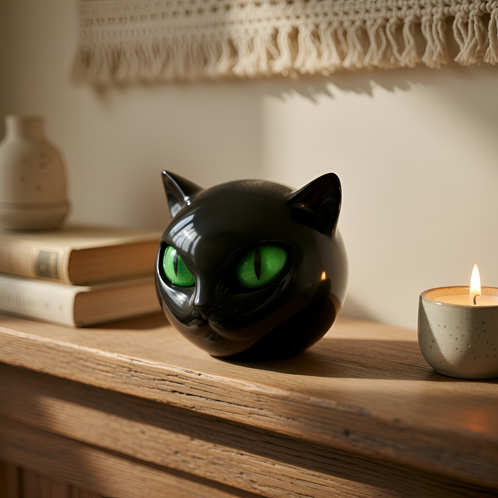 Asher - Statuetta a forma di testa di gatto in resina nera con finitura effetto marmo