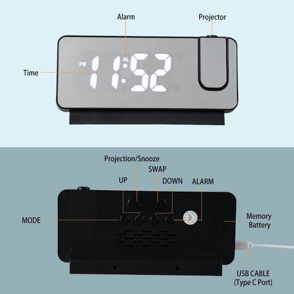 Orologio Sveglia Proiettore | Display LED con Superficie a Specchio | Doppie Sveglie & Temperatura | 19cm