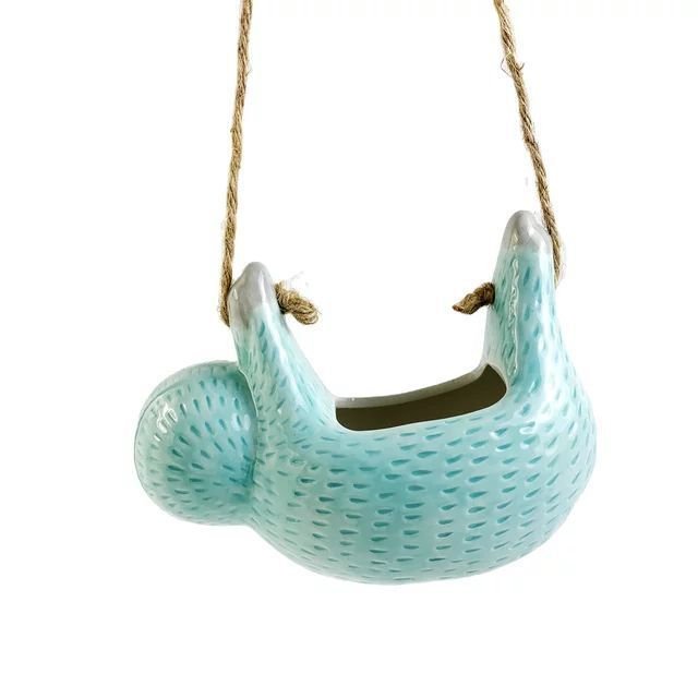 Ceramic Sloth Hanging Flowerpot with Hemp Rope for Home Decor