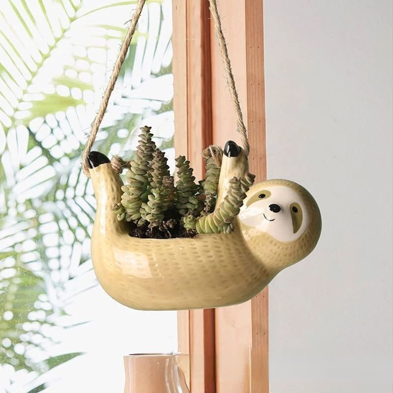 Ceramic Sloth Hanging Flowerpot with Hemp Rope for Home Decor