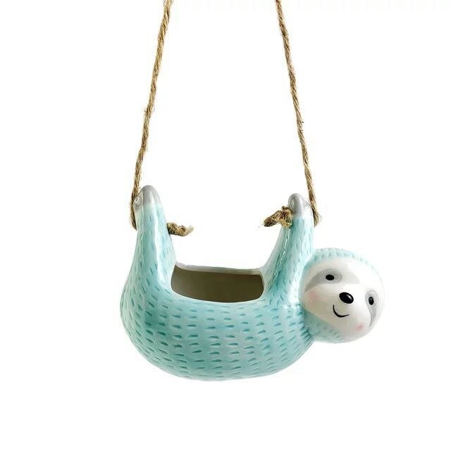 Ceramic Sloth Hanging Flowerpot with Hemp Rope for Home Decor