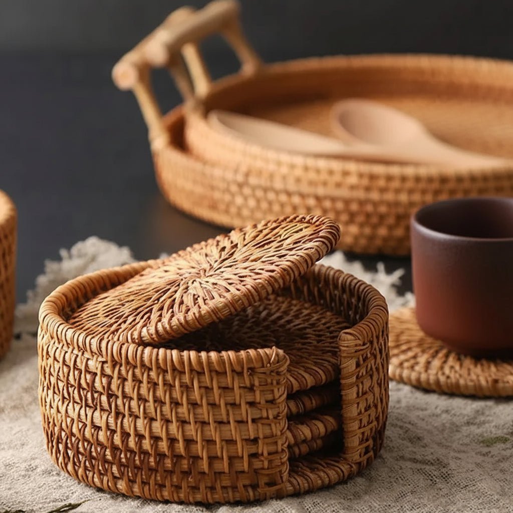 COASTORIA – Set di Sottobicchieri Eleganti in Rattan Intrecciato da 6 Pezzi con Design Antiscivolo