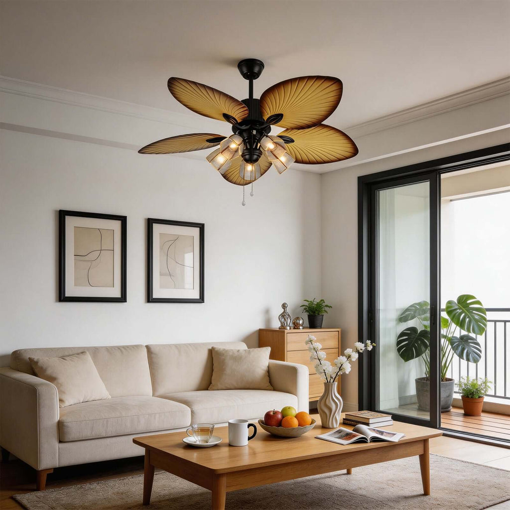 Bunai | Ventilatore da soffitto da 132 cm con paralume in vetro e attacco per lampadina E27, telecomando a 6 velocità per soggiorno