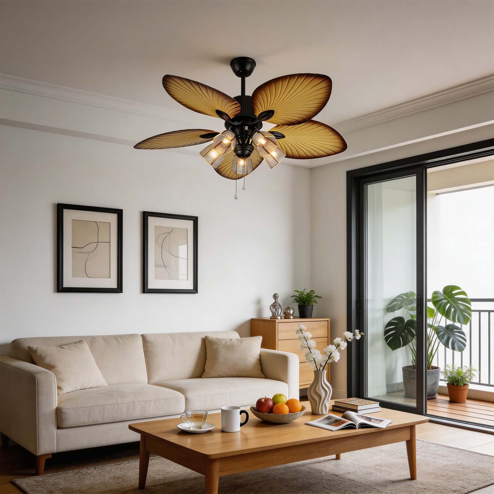 Bunai | Ventilatore da soffitto da 132 cm con paralume in vetro e attacco per lampadina E27, telecomando a 6 velocità per soggiorno