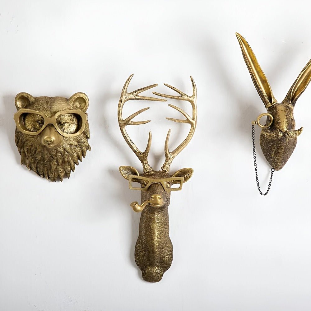 Velorien | Gancio da parete a forma di testa di animale in resina dorata disponibile in cinque design per ingresso, soggiorno e camera da letto
