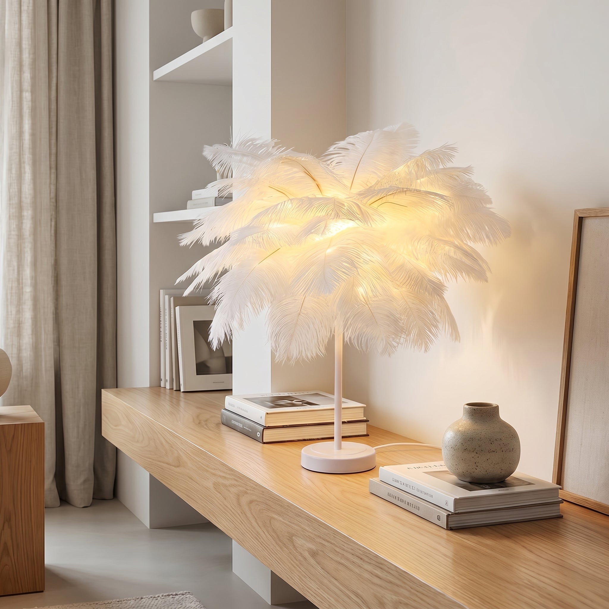 Lampada da tavolo decorativa con paralume a forma di piuma per camera da letto e soggiorno