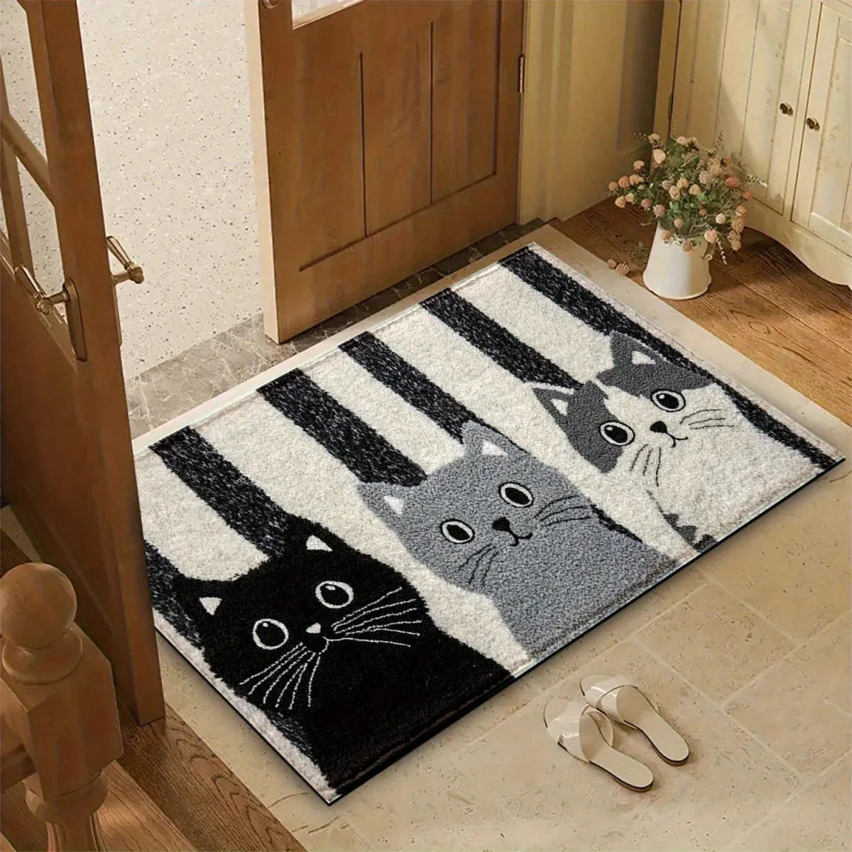 DOORMEOW – Tappetino da ingresso a strisce con gatto cartone per uso interno ed esterno