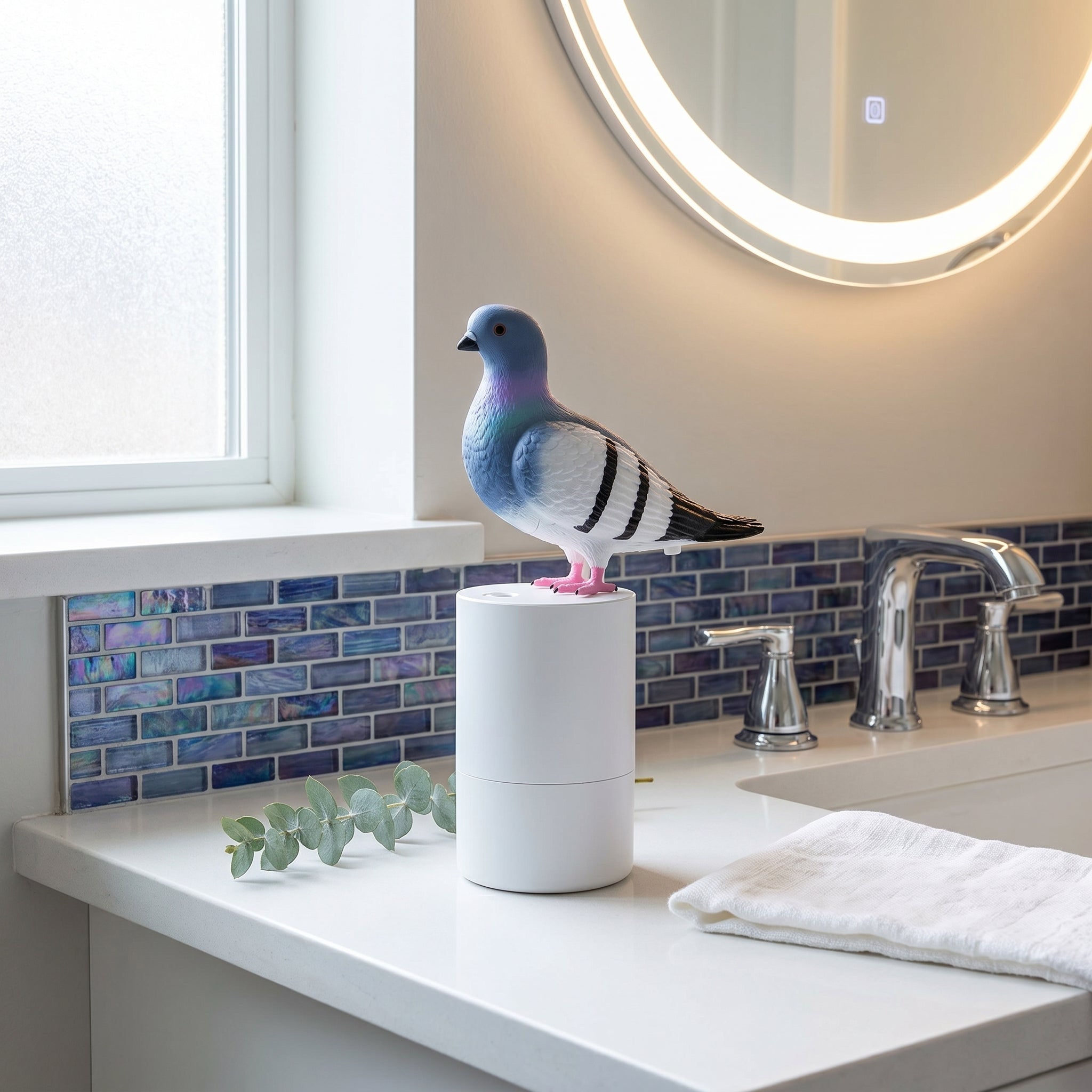 Dispenser per sapone a forma di piccione con possibilità di ricarica