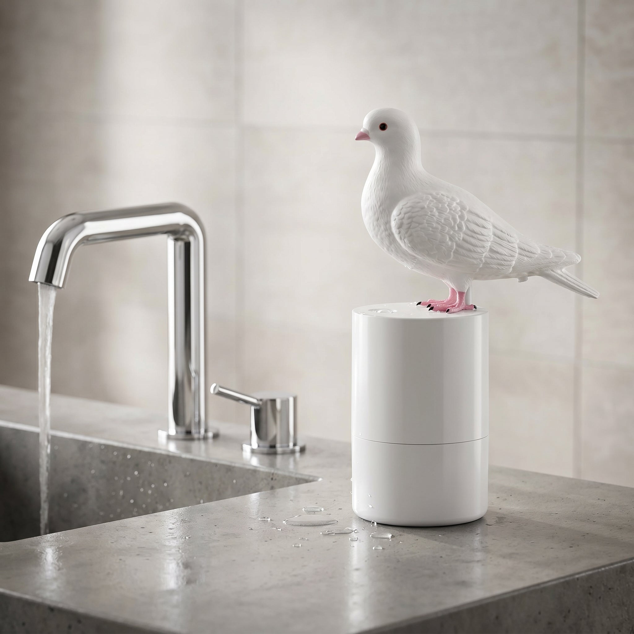 Dispenser per sapone a forma di piccione con possibilità di ricarica