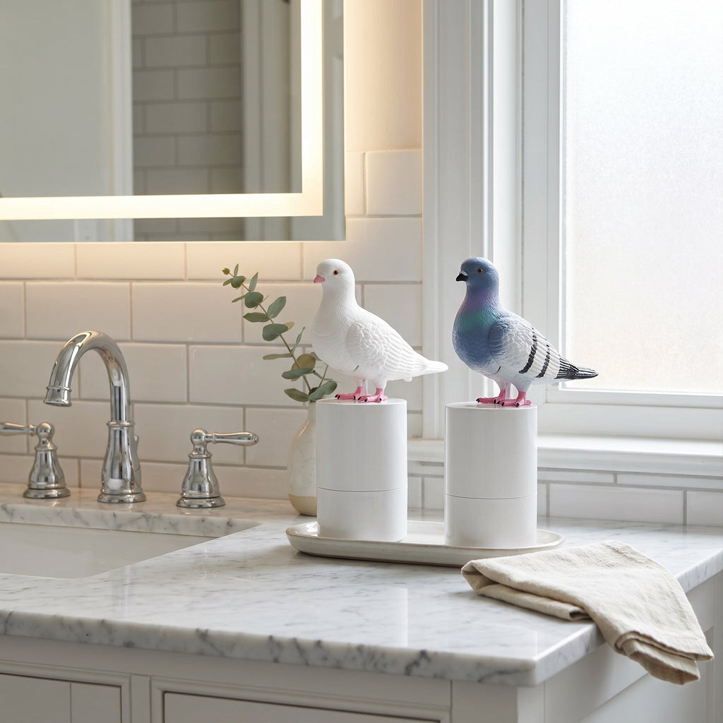 Dispenser per sapone a forma di piccione con possibilità di ricarica