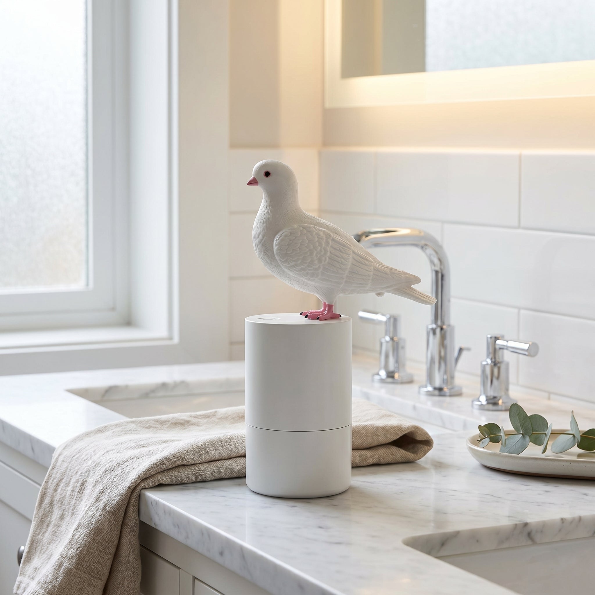 Dispenser per sapone a forma di piccione con possibilità di ricarica