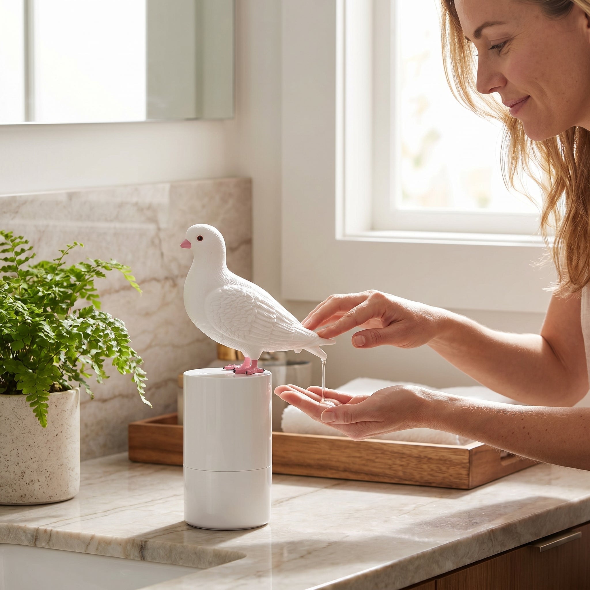 Dispenser per sapone a forma di piccione con possibilità di ricarica